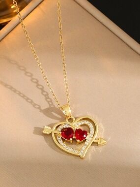 18k Gold Plated Heart Arrow Necklace Red Rhinestone Pendant Romantic Jewelry
